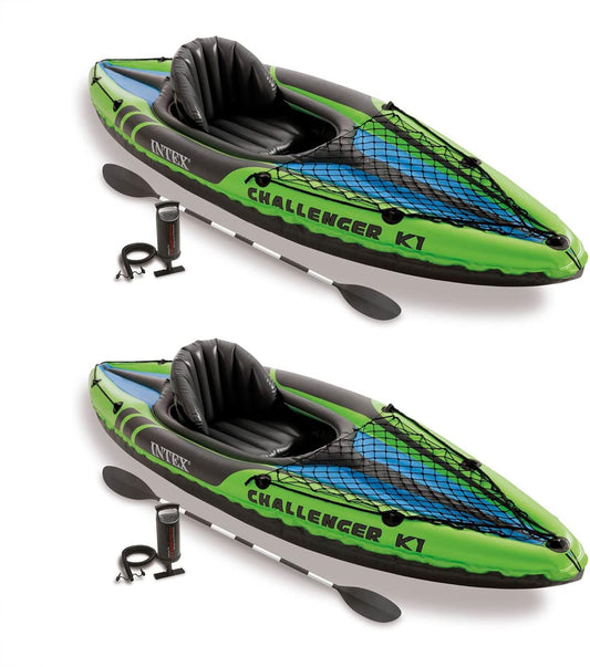 1 Person Durable Vinyl Streamline Sporty Kayak with Inflatable Seat and Backrest, Oar, Pump, Carrying Bag, and Repair Kit (2 Pack)