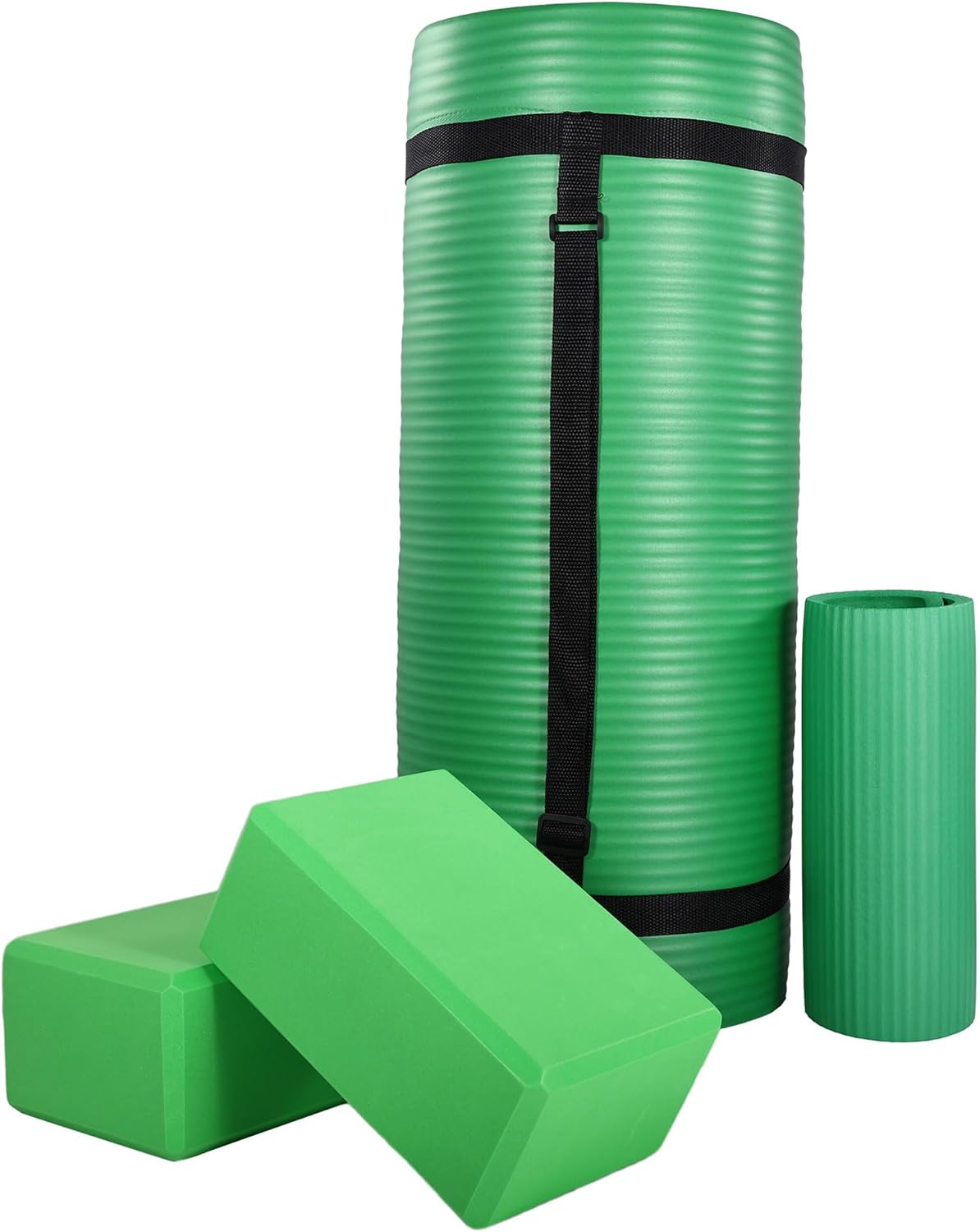 Exercise Yoga Mat for Home Workout, 1” Thick, Optional Blocks & Knee Pad