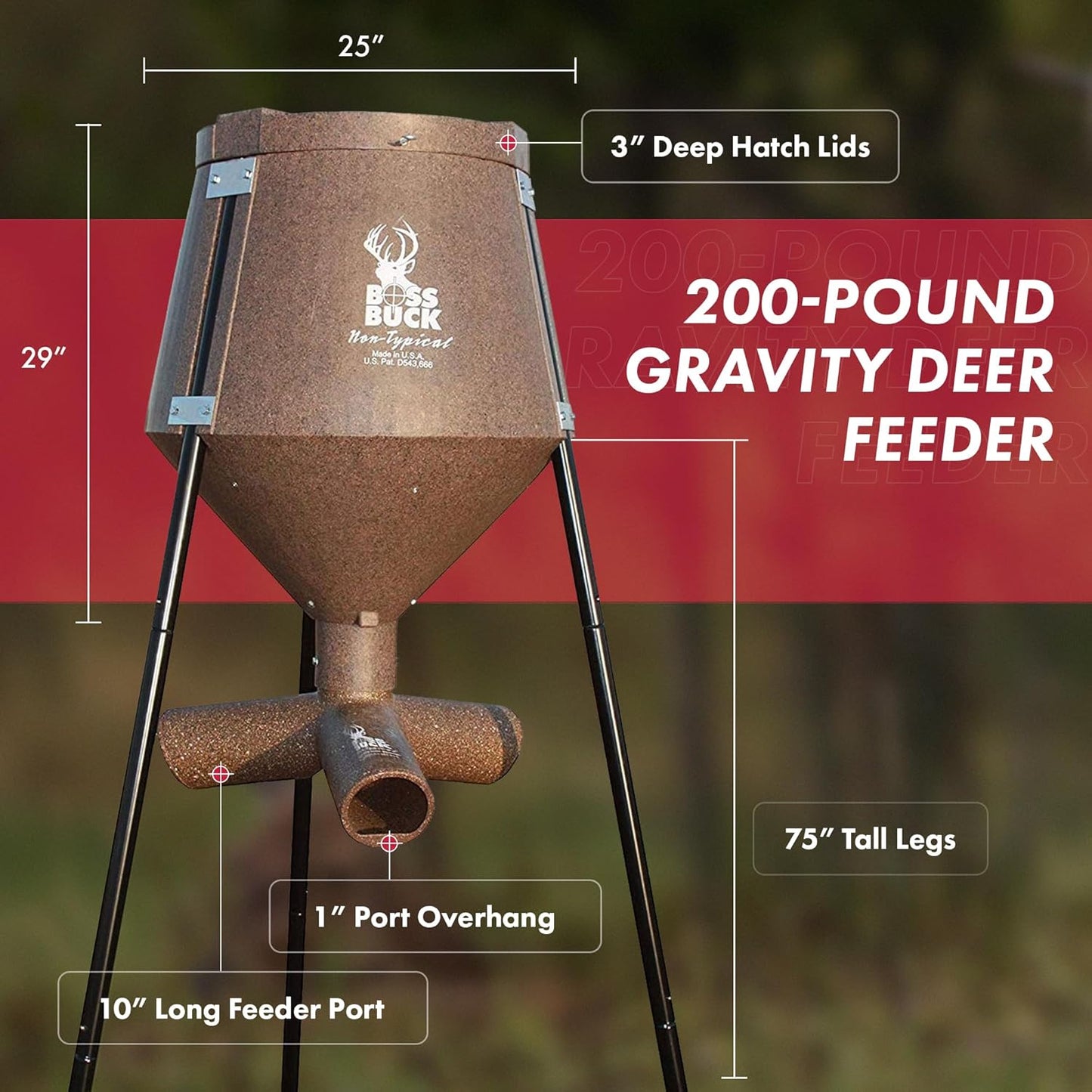 200 LB Deer Feeder/Hunting Durable Lightweight Plastic UV Protected Windproof Waterproof Gravity Feed System with Protein 3 Feed Tubes Head