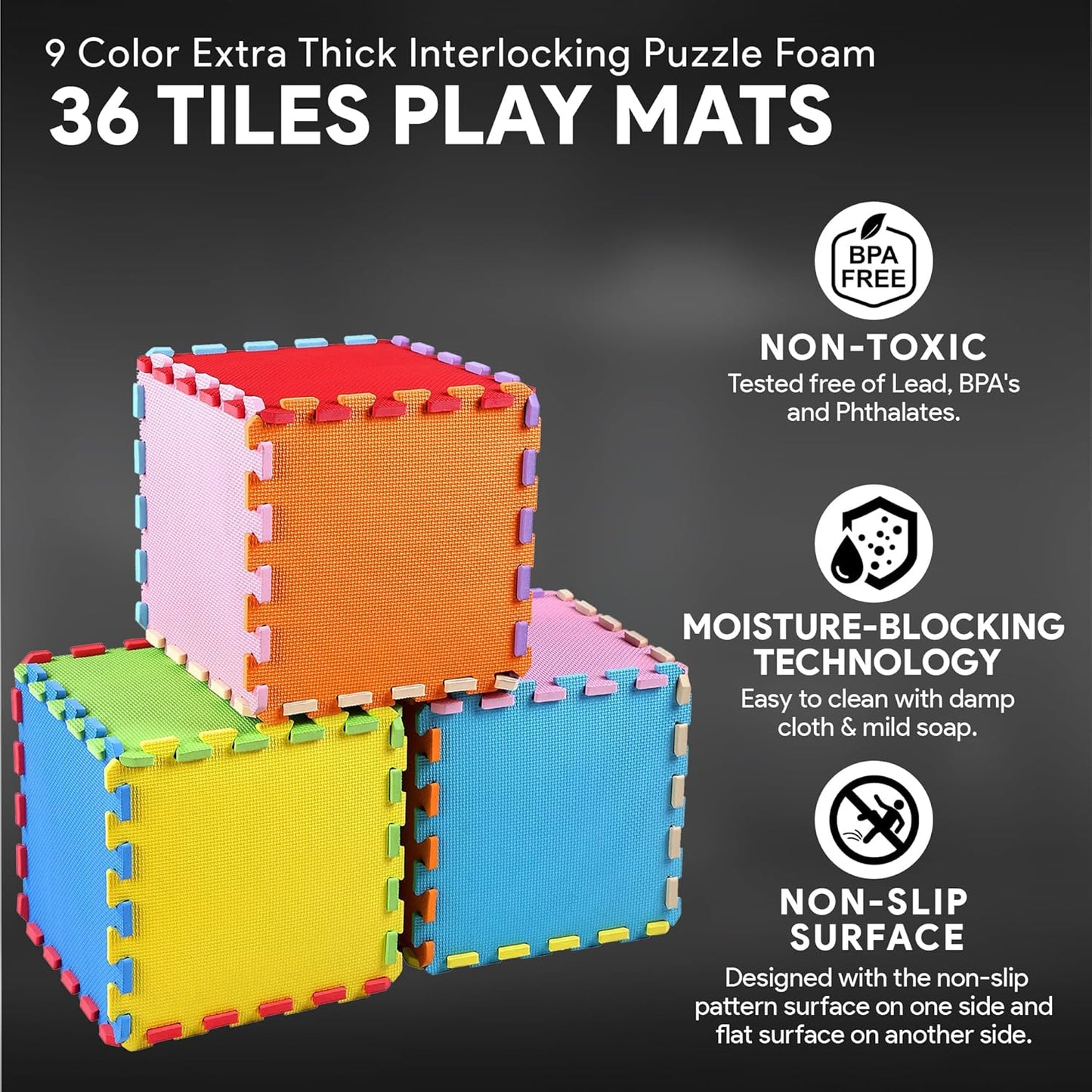 0.4 Inch Thick Large Non Slip Interlocking EVA Foam Puzzle Home Floor Play Mat Set w/ Edges & 36 Tiles in 9 Colors, Covers 36 Square Feet