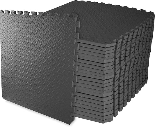 Interlocking Foam Exercise Mat Equipment, Multiple Sizes & Colors Available - Non-Slip EVA Puzzle Floor Tiles with End Borders for Home Gym, Workout Room, Playroom or Daycare Flooring