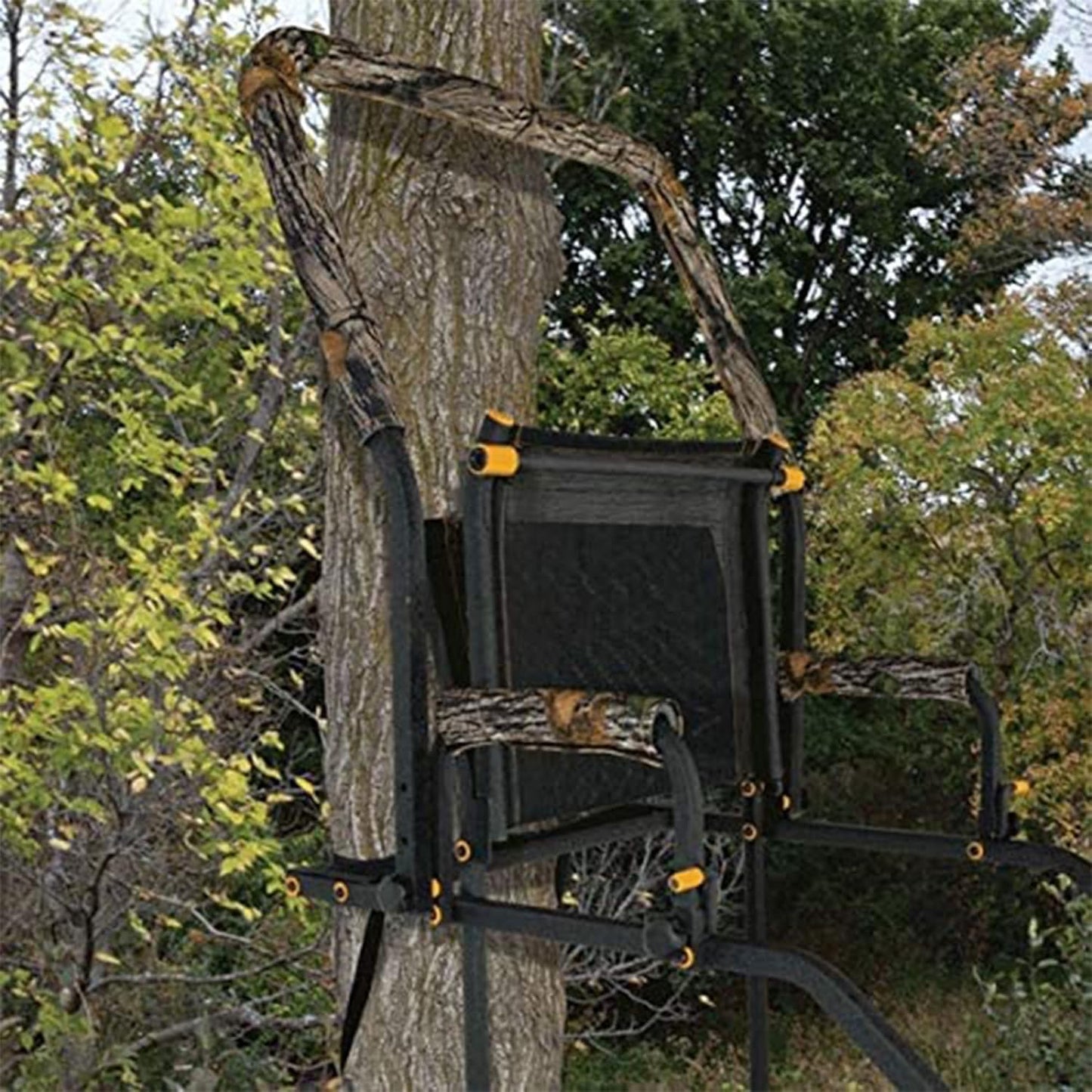 1-Person Huntsman Deluxe Steel Ladder Tree Stand, 17 ft Tall, 300 lb Capacity - Heavy-Duty Hunting Treestand with Lumbar Support Seat, Flip-Back Adjustable Shooting Rail & Silencer Technology