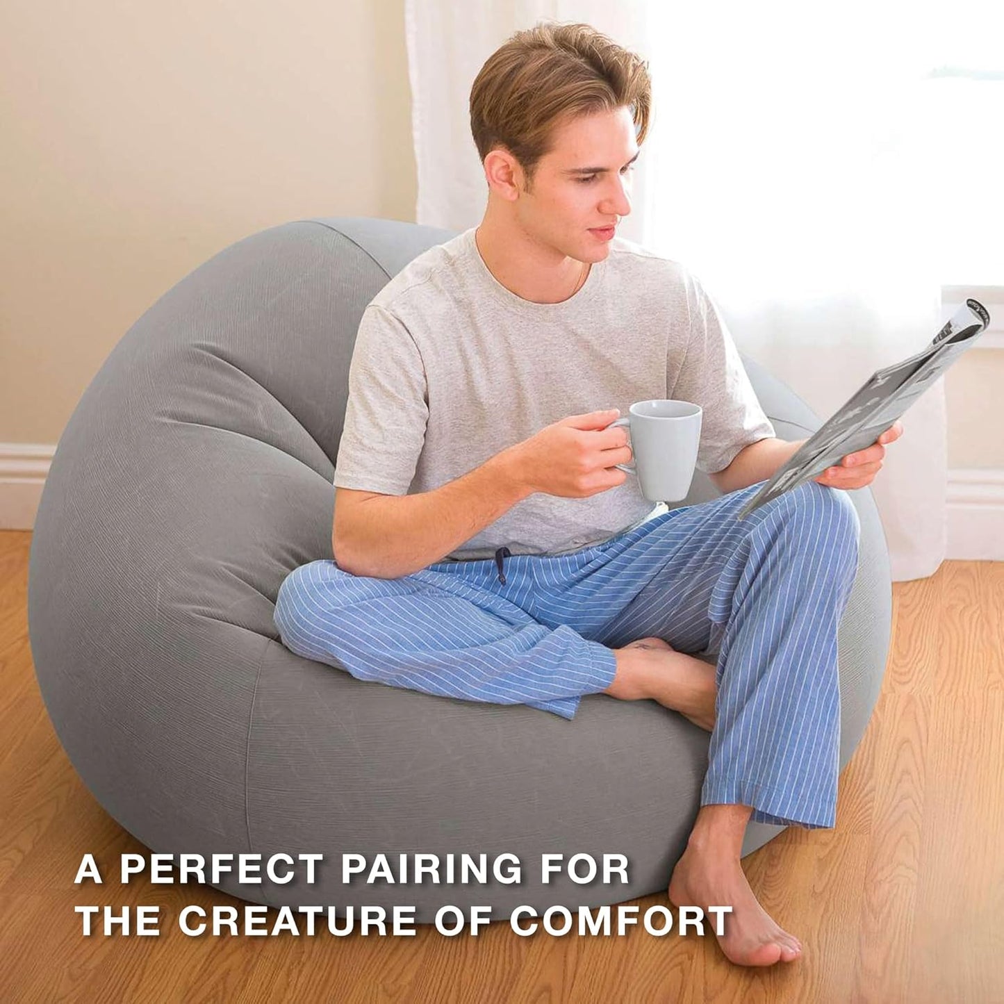 Beanless Bag Inflatable Lounge Chair: Corduroy Textured Flocking – Durable Vinyl – Folds Compactly – 220lb Weight Capacity – 45" x 45" x 28"