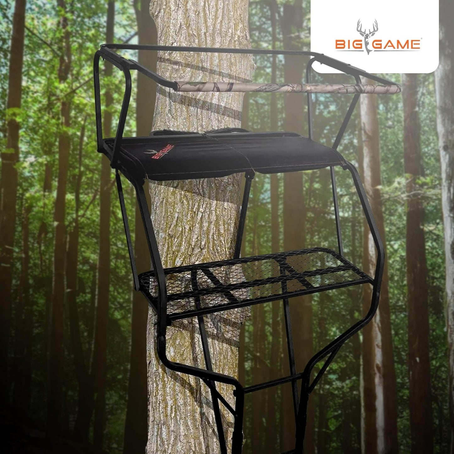 2-Person Ladder Tree Stand for Hunting Deer with Seats, 18' Tall, Camo/Black - Adjustable Climbing Treestand with Platform and Safety Harness for Shooting