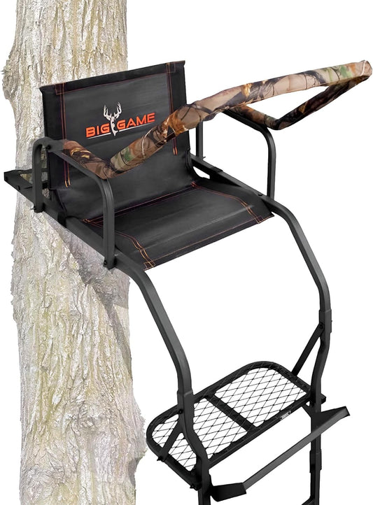 1-Person Ladder Tree Stand for Hunting Deer, Flex-Tek Seat, Black - Adjustable Climbing Treestand with Platform and Safety Harness for Shooting