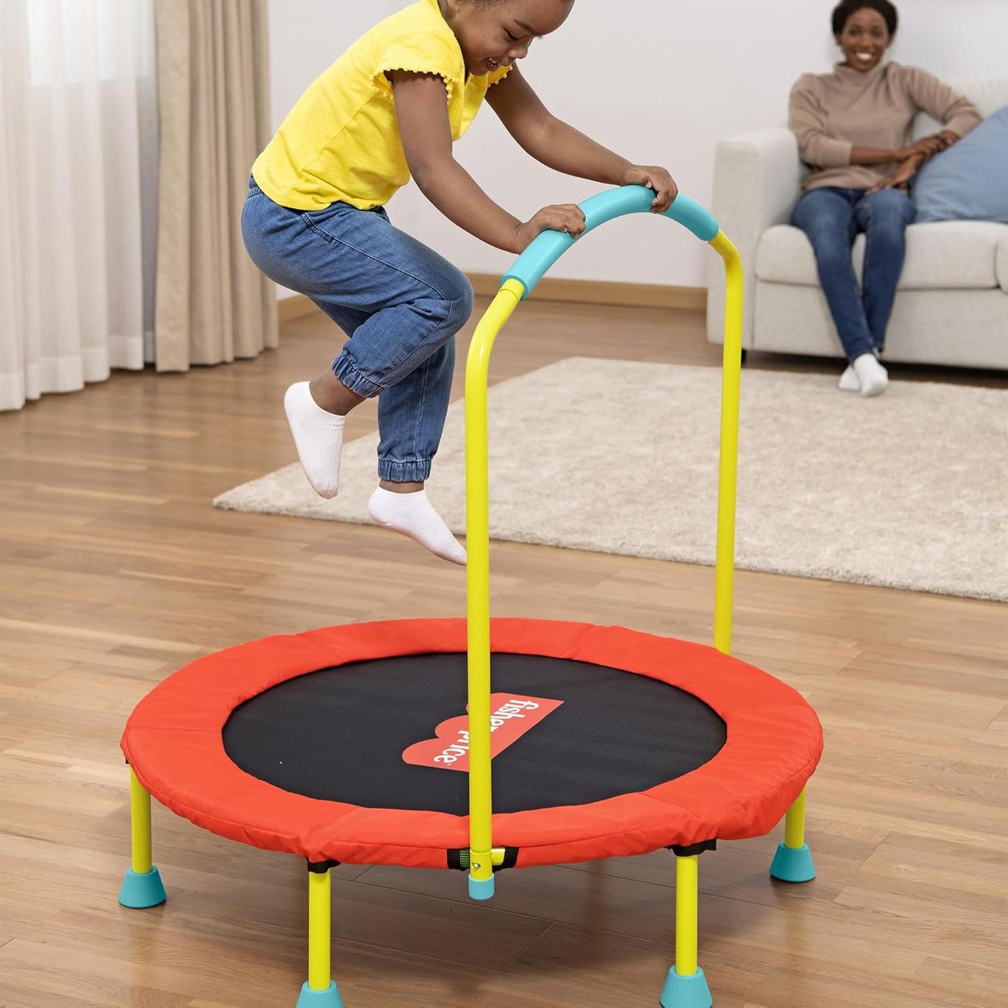 Fisher-Price 36-Inch Mini Trampoline, WonderJump Round Indoor Kids Trampoline with Stabilizing Handlebar, Multicolor