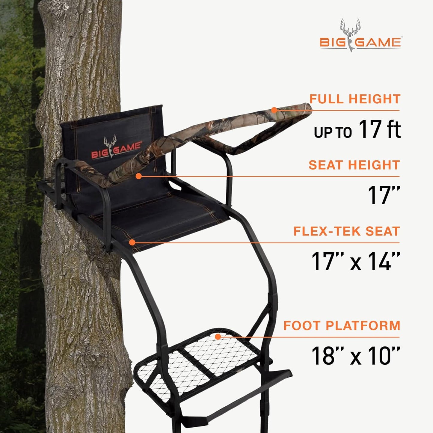 1-Person Ladder Tree Stand for Hunting Deer, Flex-Tek Seat, Black - Adjustable Climbing Treestand with Platform and Safety Harness for Shooting