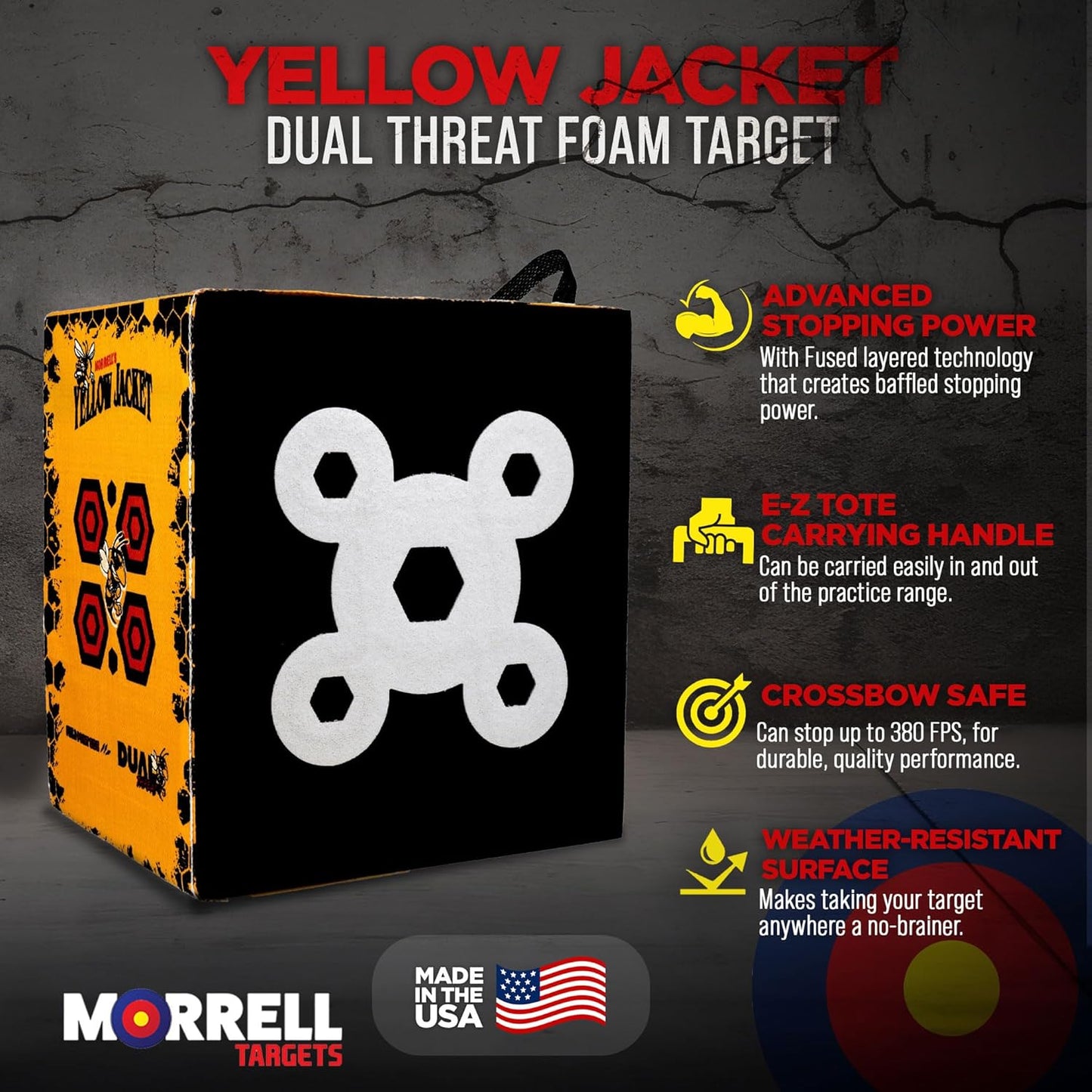 Yellow Jacket Dual Threat 380 FPS Foam Archery Target Block for Compound Bows and Crossbows, with 4 Sides and 32 Bullseyes, Yellow