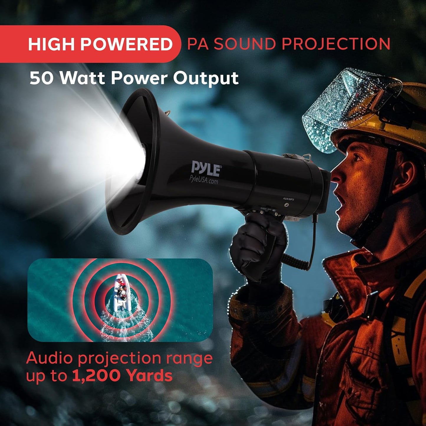 Portable Compact PA Megaphone Speaker with Alarm Siren & Adjustable Volume - 50W Handheld Lightweight Bullhorn - with Mic, AUX IN for MP3 & Rechargeable Battery - Indoor Outdoor Use - PMP561LTB