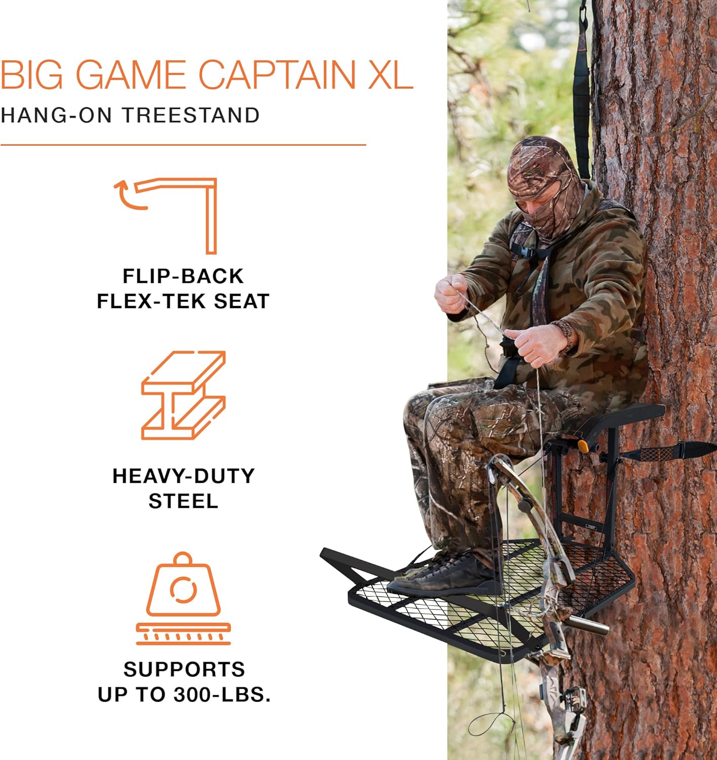 XC Hang-On Treestand, Lightweight Steel Construction with 14 x 8 in. Flip-Back Flex-Tek Seat, 300 lbs Weight Rating