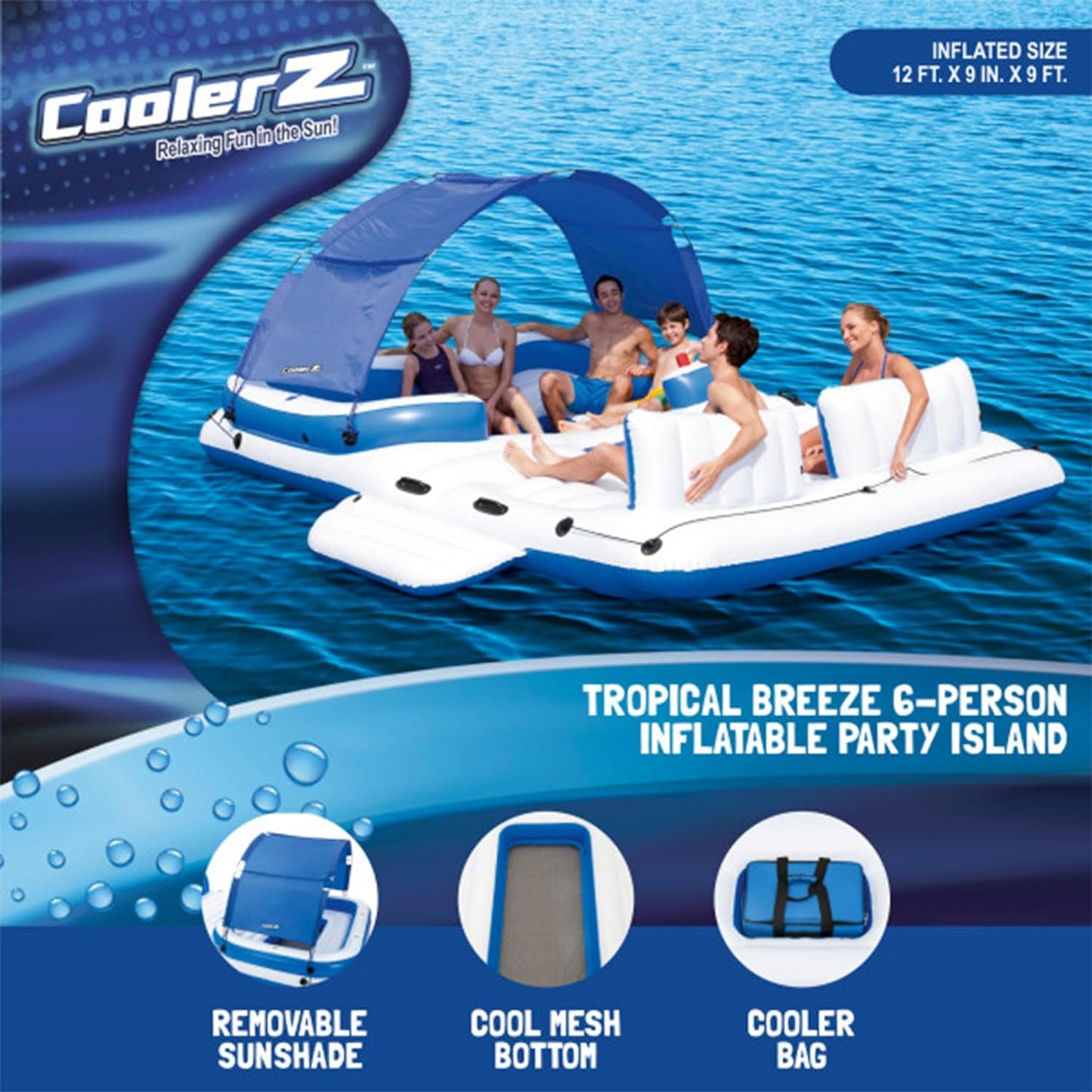 CoolerZ Tropical Breeze 6 Person Inflatable Party Island Large Relaxing Water Float with Detachable Sunshade and Cooler Bag