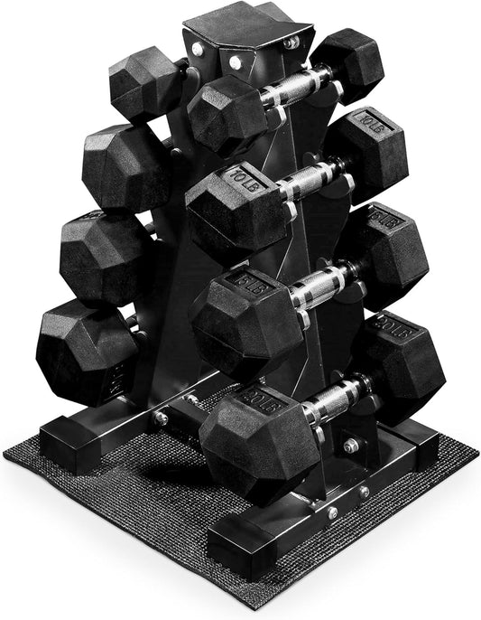 Rubber Coated Hex Dumbbell Weight Set with Storage Rack, 100LB or 150LB or 200LB Set, 5-20 lbs or 5-25 lbs or 10-30 lbs Pairs