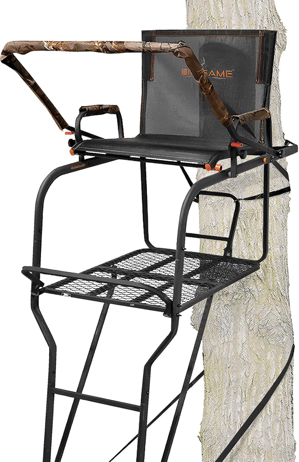 1-Person Ladder Tree Stand for Hunting Deer, Flex-Tek Seat, Black - Adjustable Climbing Treestand with Platform and Safety Harness for Shooting