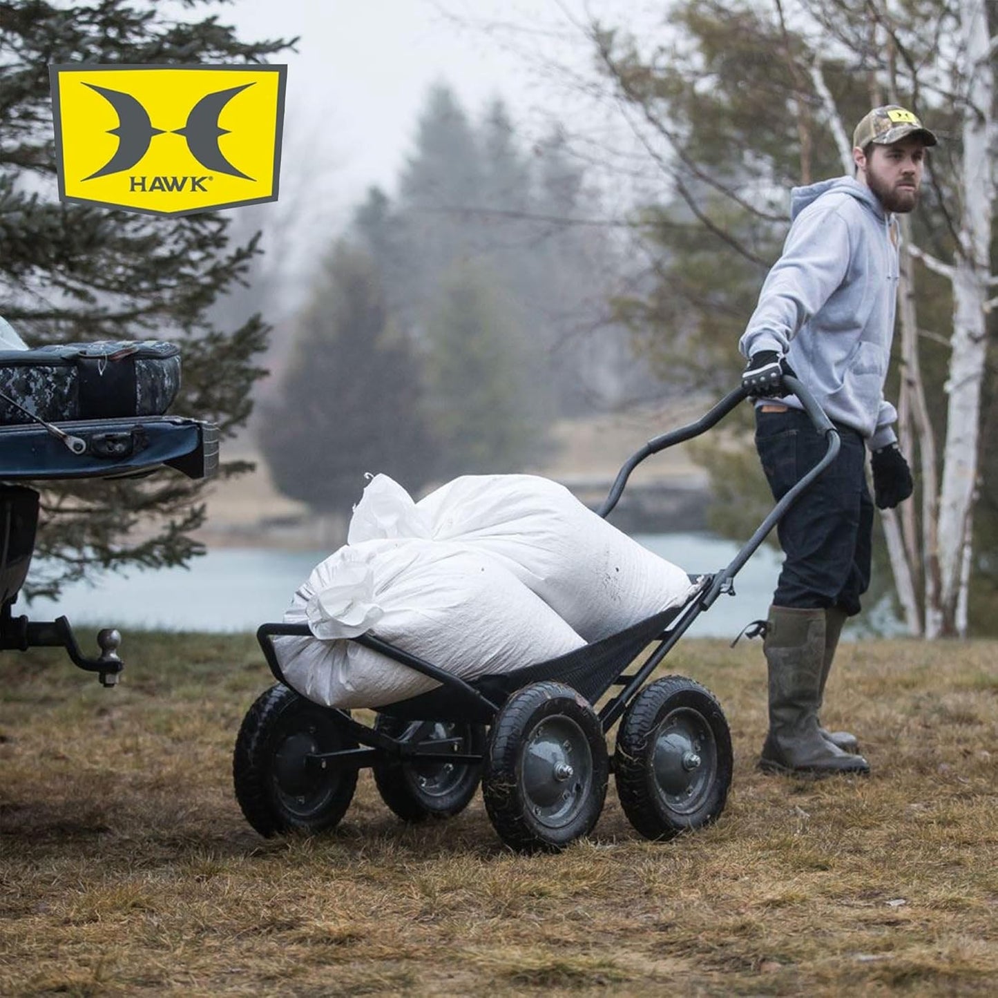 All-Terrain Multi-Use Deer Cart with Dual Pivoting Axles, 500 lb Capacity, Black - Hunting Hauler with Folding Frame and Versatile Sling for Easy Hauling of Game, Firewood & Bait