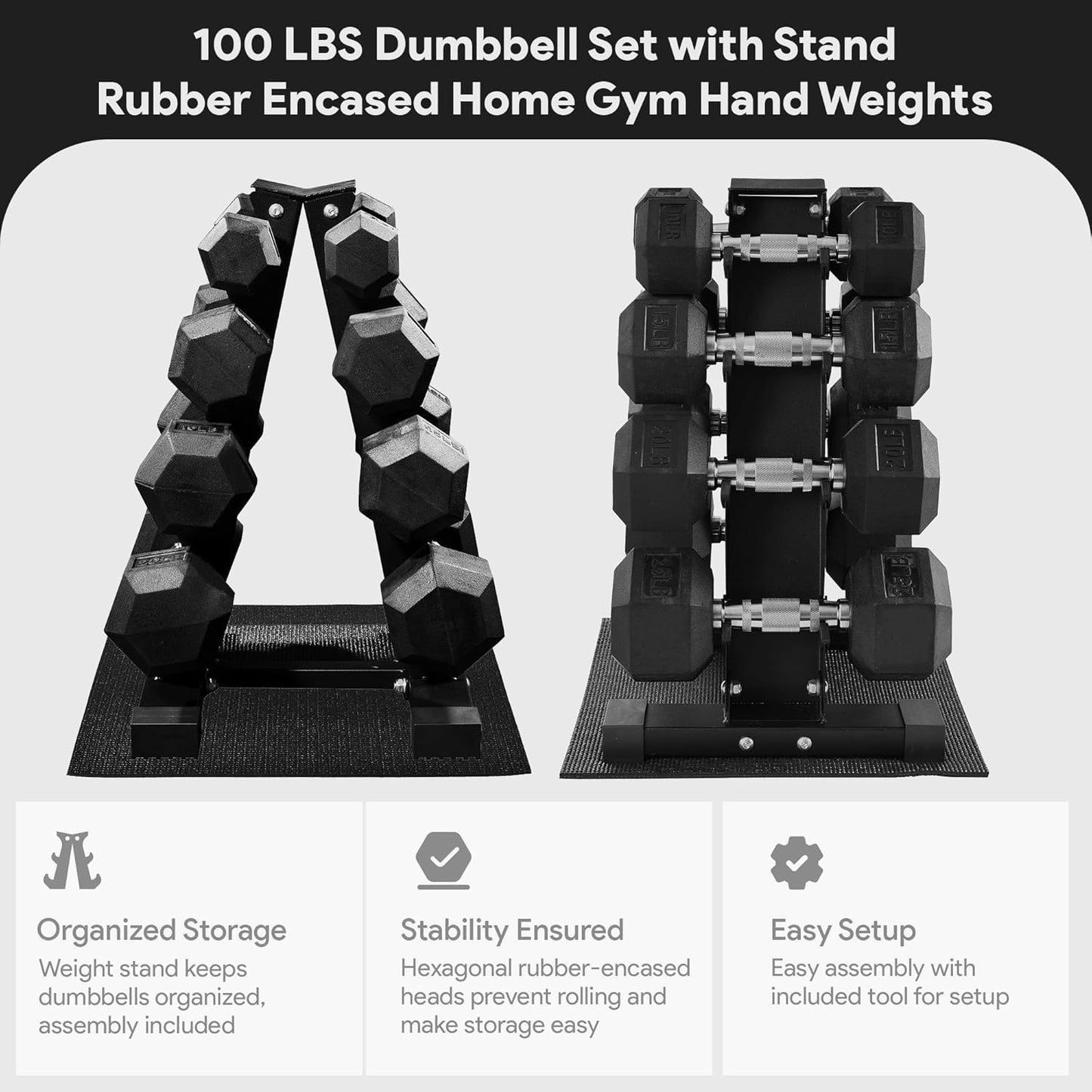 Rubber Coated Hex Dumbbell Weight Set with Storage Rack, 100LB or 150LB or 200LB Set, 5-20 lbs or 5-25 lbs or 10-30 lbs Pairs
