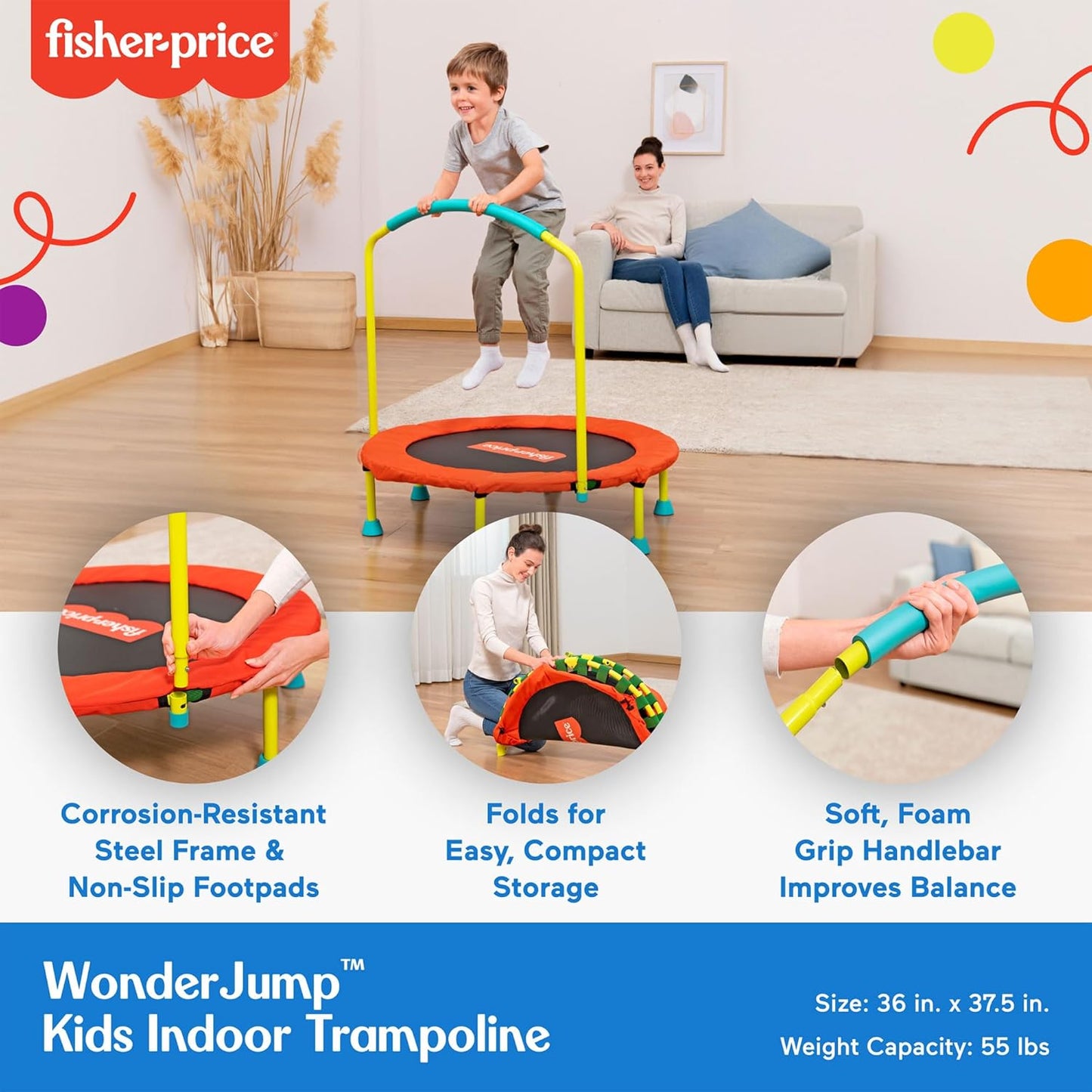 Fisher-Price 36-Inch Mini Trampoline, WonderJump Round Indoor Kids Trampoline with Stabilizing Handlebar, Multicolor