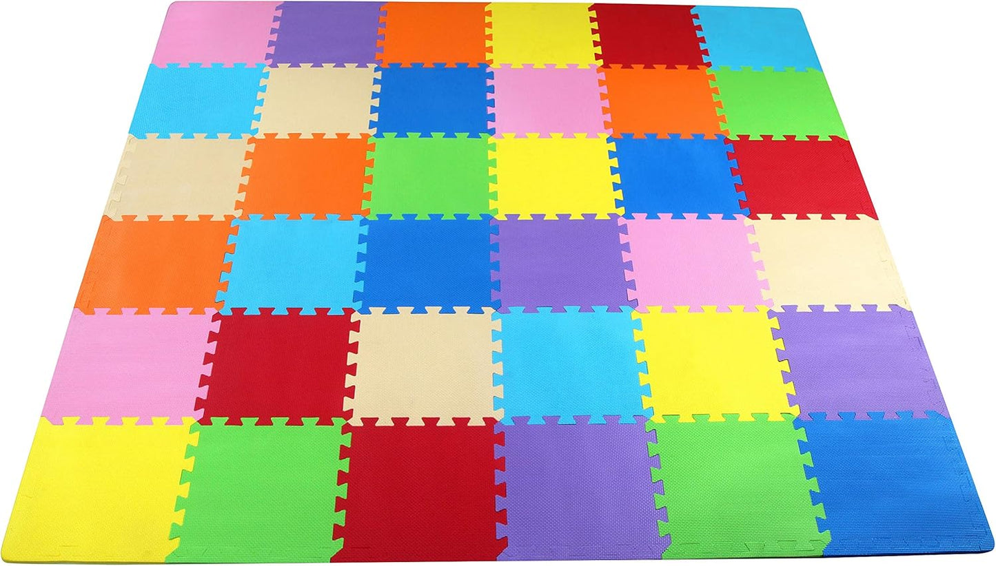 0.4 Inch Thick Large Non Slip Interlocking EVA Foam Puzzle Home Floor Play Mat Set w/ Edges & 36 Tiles in 9 Colors, Covers 36 Square Feet