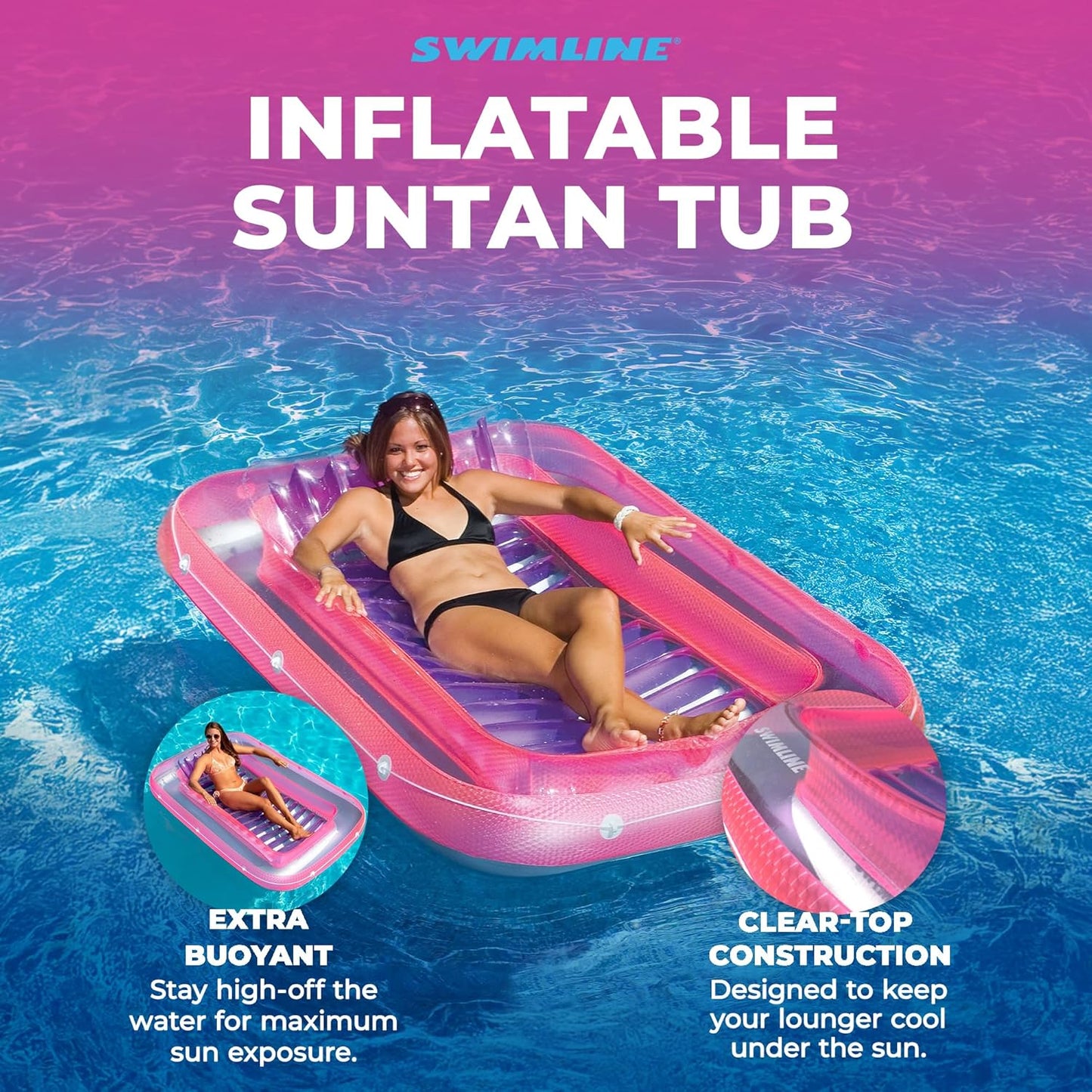 Suntan Tub, Classic Inflatable Tanning Lounge Float with Adjustable Pillow, 71" Long - Outdoor Floating Lounger for Lake, River, Beach & Swimming Pool, Includes Rope Surround & Repair Patch