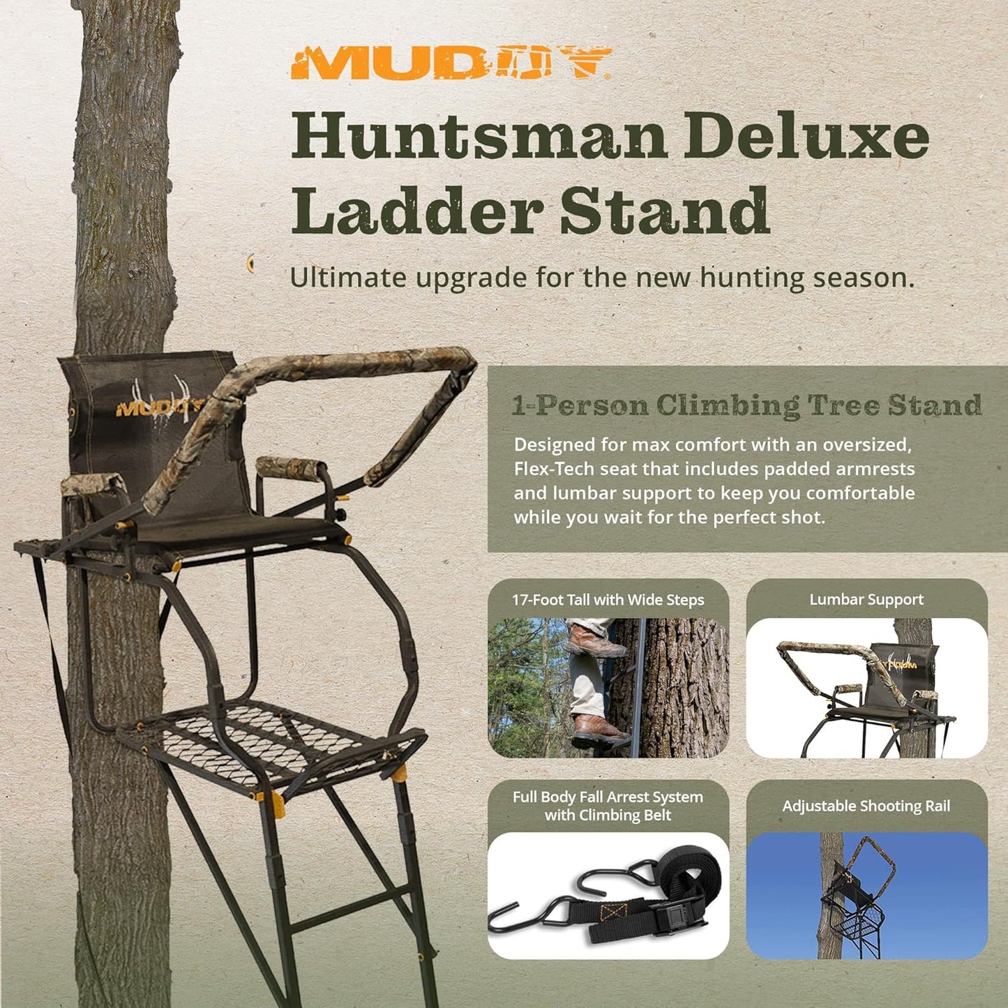 1-Person Huntsman Deluxe Steel Ladder Tree Stand, 17 ft Tall, 300 lb Capacity - Heavy-Duty Hunting Treestand with Lumbar Support Seat, Flip-Back Adjustable Shooting Rail & Silencer Technology