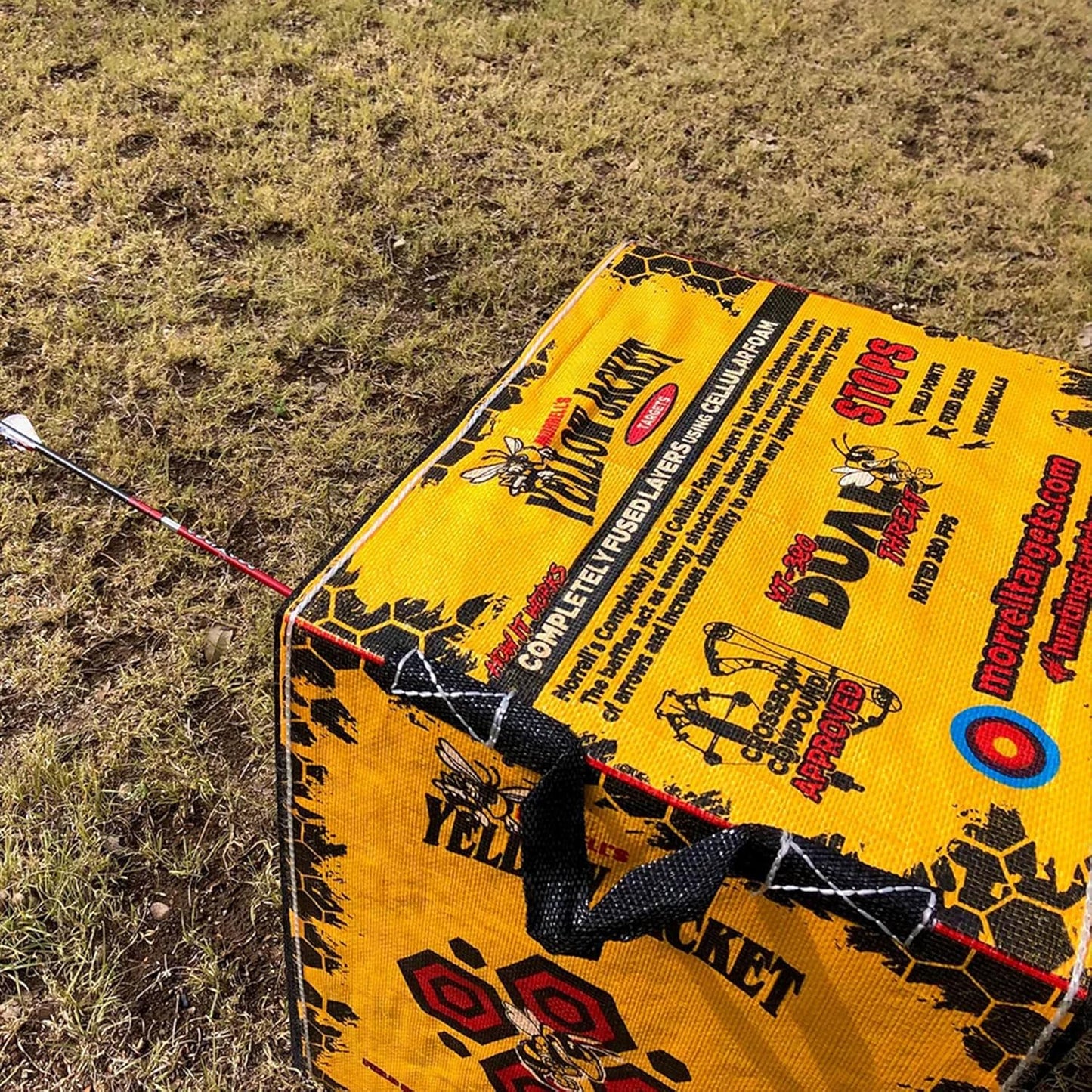 Yellow Jacket Dual Threat 380 FPS Foam Archery Target Block for Compound Bows and Crossbows, with 4 Sides and 32 Bullseyes, Yellow